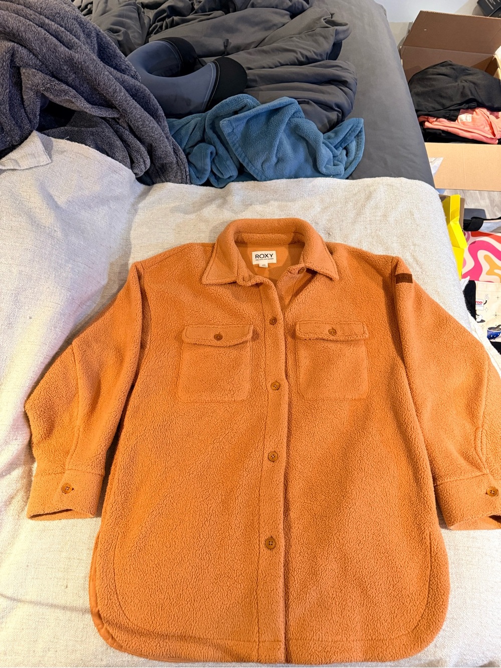 ROXY Women’s Orange Sherpa Fleece Button Up Shacket Jacket Small